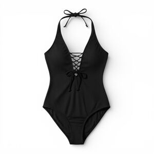 Cupshe -Black Ribbed Plunge Lace Up Criss Cross Back‎ One Piece Swimsuit XL